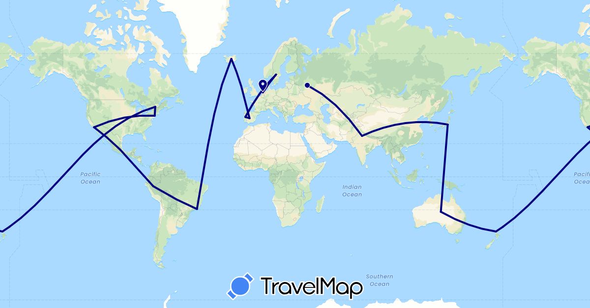 TravelMap itinerary: driving in Australia, Brazil, Canada, Spain, India, Iceland, Japan, Mexico, Netherlands, New Zealand, Peru, Portugal, Russia, Sweden, United States (Asia, Europe, North America, Oceania, South America)